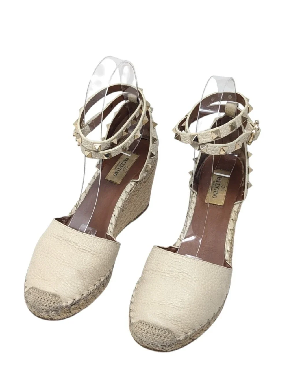 Valentino Garavani Rockstud Cream Leather Espadrille Wedges Size EU 38